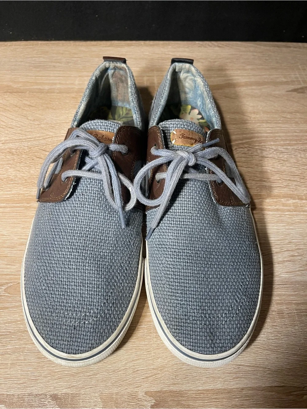 Tommy Bahama Men's Gray Canvas Boat Shoes with Brown Accents